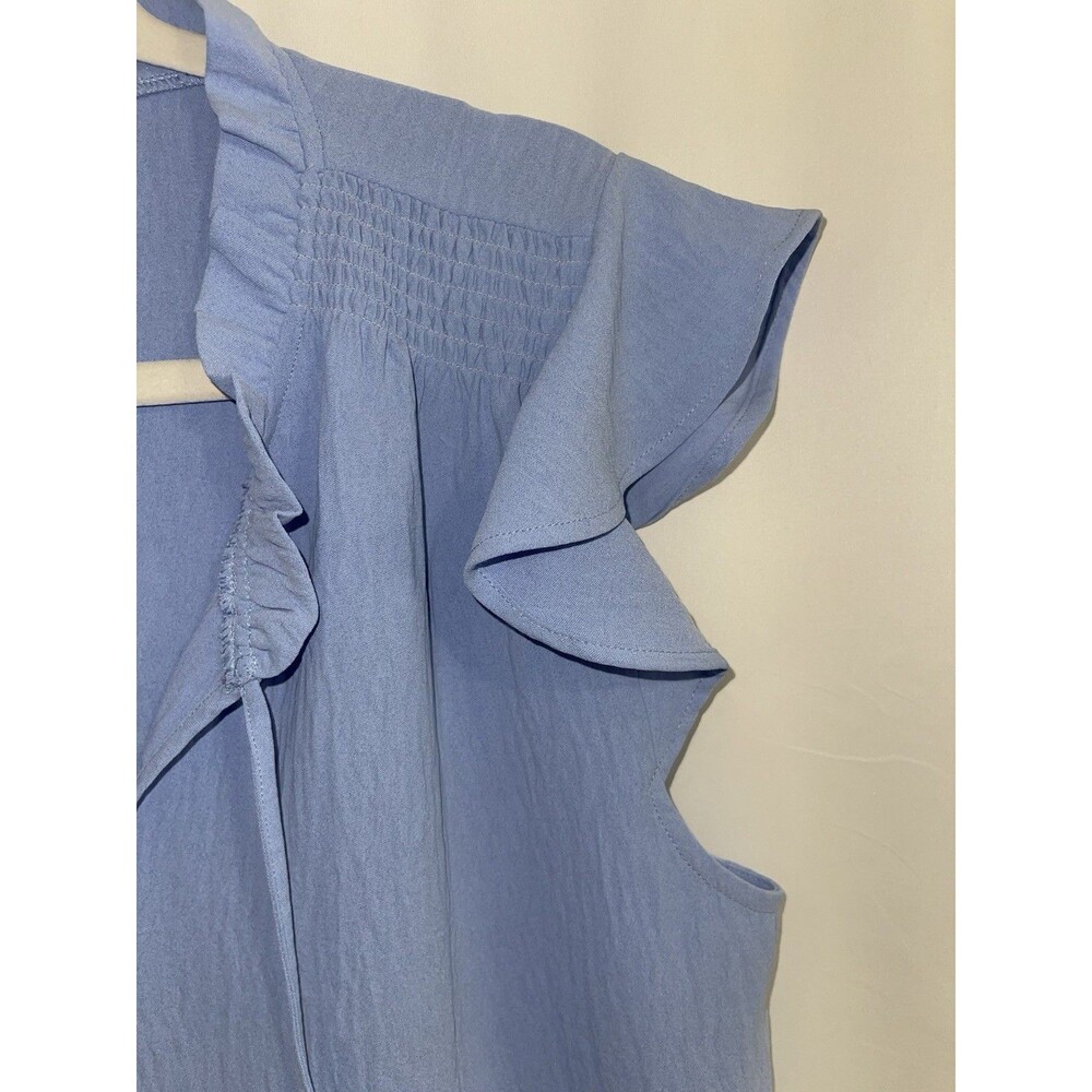 Floral & Ivy Shirt Flitter Sleeve Rouched Eyelet Tie Neck Blue Women’s Size L - Picture 6 of 11